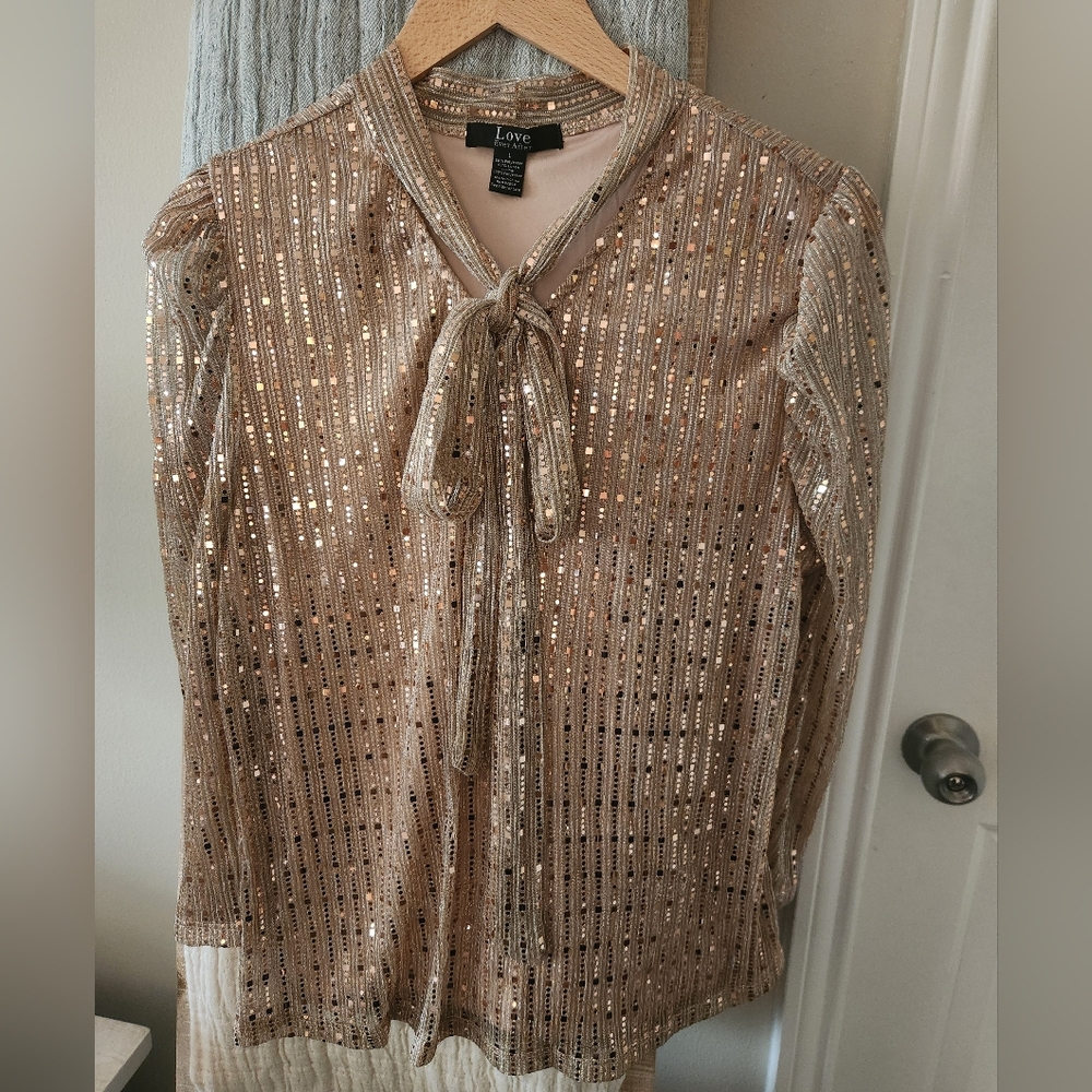 Metallic Rose Gold Sequin Tie-Neck Blouse